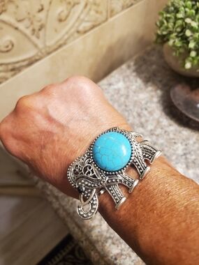 Turquoise Stone Silver Elephant Cuff Bracelet - Women Jewelry